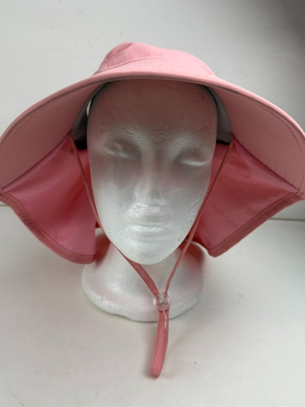 Pink UV Sun Flap Hat Ponytail Chin Strap Outdoor Beach Hiking Hat FLAW STAIN